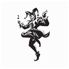 Dancing Medieval Jester Silhouette Performing in Traditional Costume on White Background