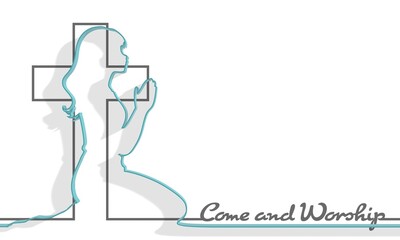 Peaceful woman silhouette praying. Believer with prayer hands show faith and religion. Superstition and high power. Religious art. Minimalist thin line style design. Cross and text. 3D render