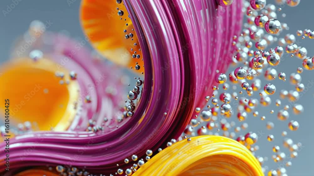 Poster purple and yellow swirling paint streams move gracefully, interacting with floating silver spheres a