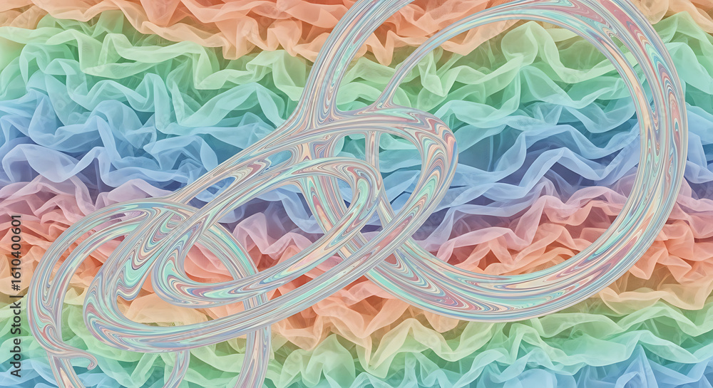 Poster abstract rings with rainbow colored fabric background creating a dreamy and surreal composition