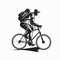Obraz premium Young cyclist in helemet with backpack riding bike side view vector realistic sketch
