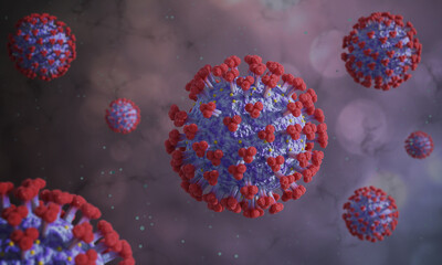 Microscopic virus particles on dark purple background, 3D render
