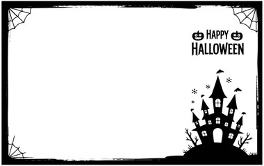 Halloween haunted castle frame border with cobwebs, spooky bats, scary silhouette house, and creepy night party background