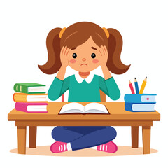 A young girl, overwhelmed by schoolwork, sits at a desk, her head in her hands.