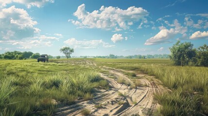 Fototapeta premium This vibrant image captures a Dakar rally track winding through a lush grassy savannah under a bright sky, showcasing the beauty of outdoor adventures.