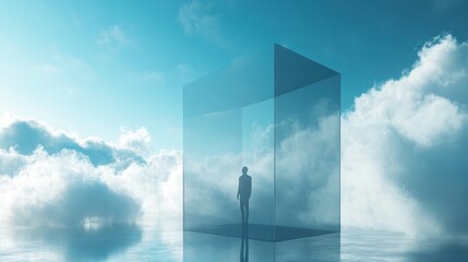 Solitary Figure Inside Transparent Cube Surrounded by Dreamy Clouds and Soft Blue Sky