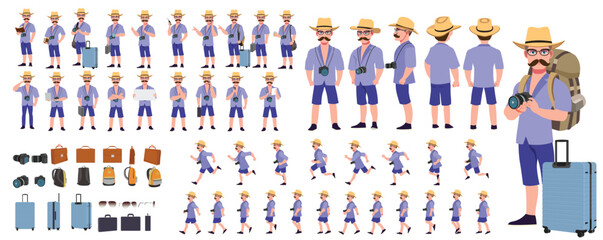 Traveler character model sheet, Character poses, expressions, Walk cycle, Run cycle animated character sequences.