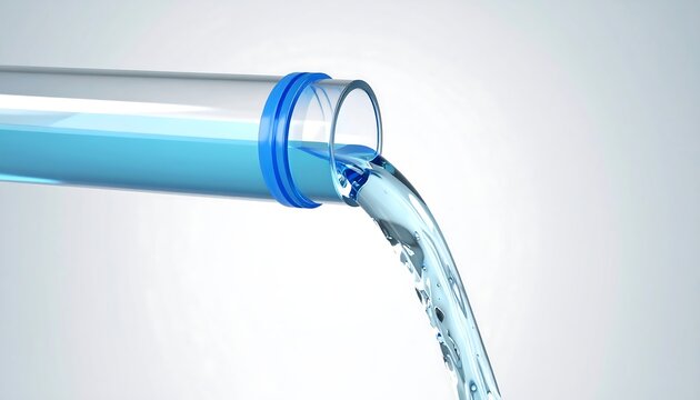 Clear tube pouring light-blue liquid, showing fluid dynamics