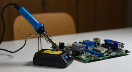 Blue Soldering Iron Resting Over a Circuit Board on White Table with Yellow Tips For Electronics Repairs
