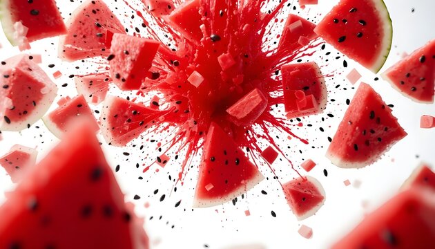 A vibrant explosion of watermelon slices and juice against a bright white background, a summer delight - Powered by Adobe
