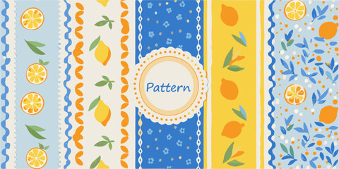 Seamless patterns with lemons and oranges in a cheerful summer style