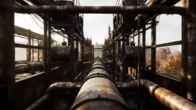 A rusted industrial pipeline stretches through an abandoned factory, surrounded by weathered machinery and overgrown vegetation, capturing the essence of decay and neglect - Powered by Adobe