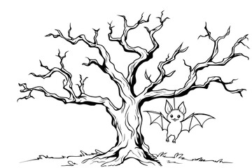 Handdrawn Outline Spooky Tree with Hanging Bat Line Art Illustration. Ai Generated Images