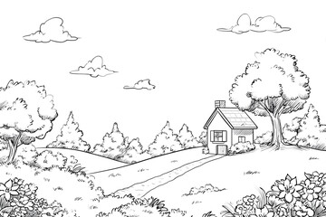 Obraz premium Sketchy Handdrawn Rural House Landscape with Trees and Clouds Illustration. Ai Generated Images