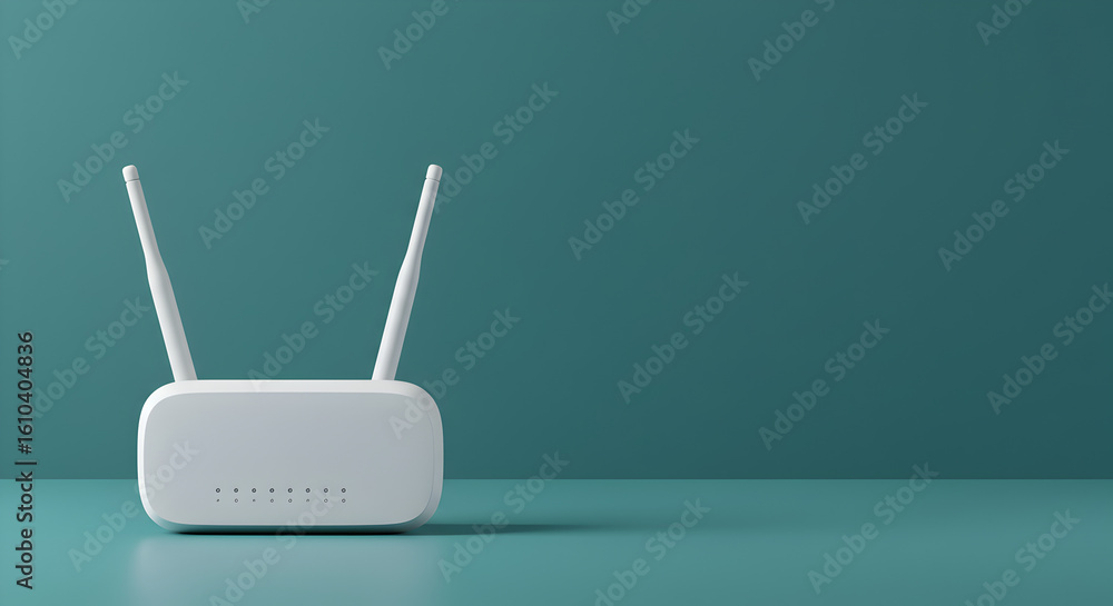 Poster close up of a white wireless router on a green background with indicator lights and antennas for net