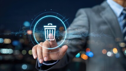 Business professional digitally deleting data with futuristic interface in modern city nightlife