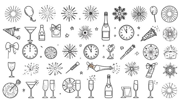 Collection of hand-drawn New Year's Eve icons
