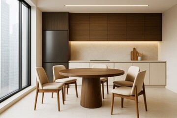 Modern kitchen interior with round wooden table and beige chairs in minimalist apartment with large windows and warm lighting concept.