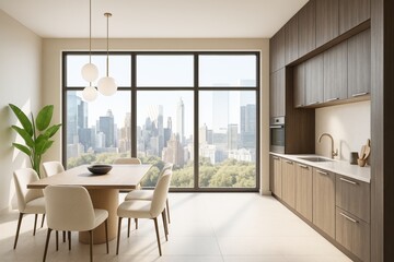 Modern light-filled kitchen interior with wood cabinetry, elegant dining area, large windows offering a cityscape view, and minimalist decor.
