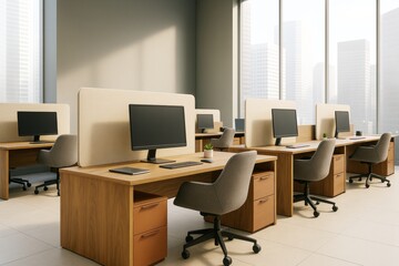Modern open-plan office interior with wooden desks, chairs, and desktop computers in a bright, contemporary building with large windows. Ai generative.