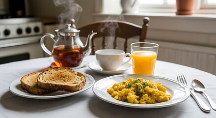 Rustic Farmhouse Breakfast &ndash; Scrambled Eggs, Toast, and Tomatoes in Cozy Morning Light