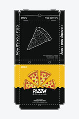 Pizza box design with pizza slice illustration