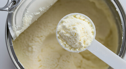 Close Up of White Baby Formula Powdered Milk in Can with Scoop for Infant Nourishment and Nutritional Care