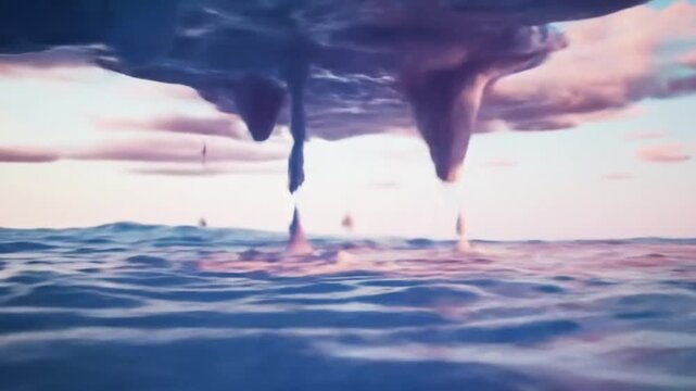 A surreal seascape with two dramatic waterspouts descending from clouds to the ocean surface during a pink sunset, a fantasy concept.