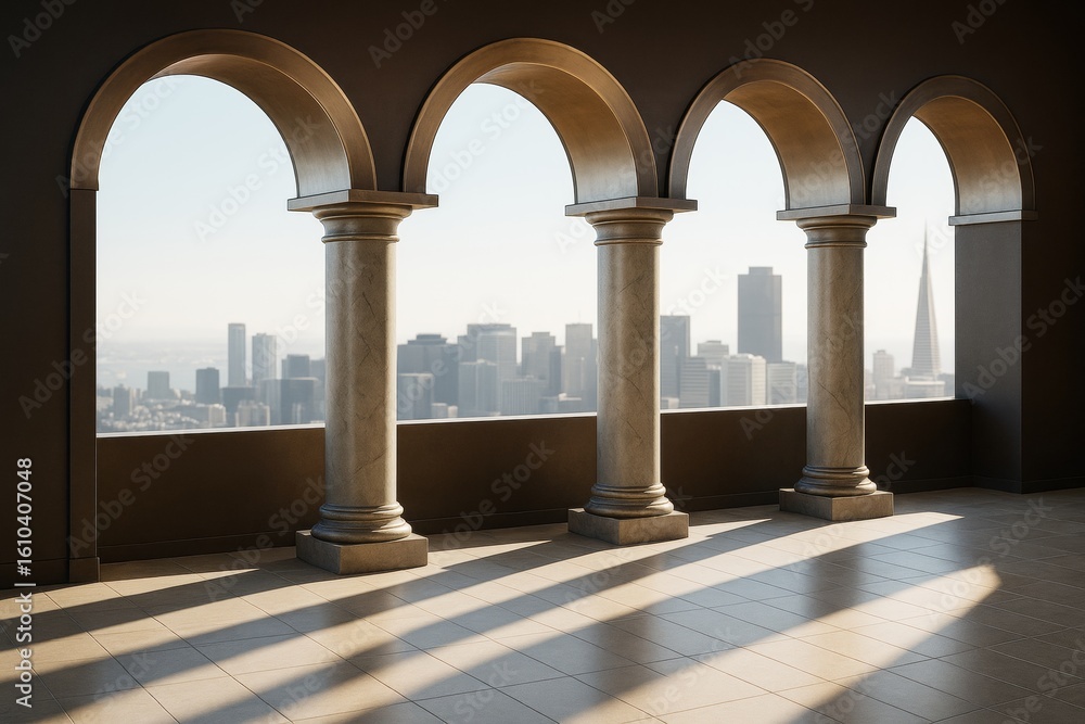 Poster classical arched open balcony with stone columns overlooking a modern city skyline in soft daylight,