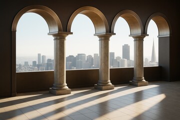Classical arched open balcony with stone columns overlooking a modern city skyline in soft daylight, minimalist architectural interior space.