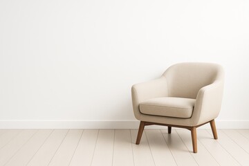 Minimalist armchair in modern interior with white wall and wooden floor, natural light and empty space for design or text concept.