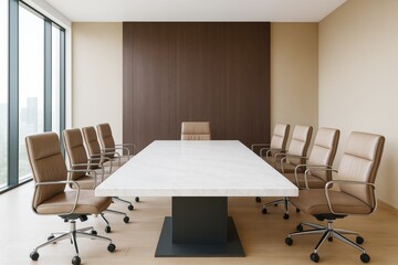 Modern empty conference room with marble table and leather chairs in minimalist office interior with wood paneling and floor-to-ceiling windows.