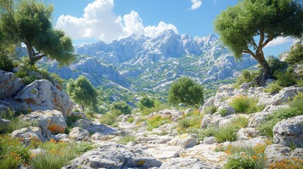 Scenic mountain landscape with rocky path and trees