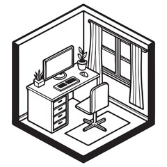 Fototapeta premium Vector Office Workspace Top-Down View in Monochrome with Desk and Filing Cabinet