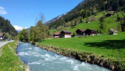 Idyllic alpine scenery with flowing river and traditional wooden houses
