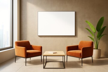 Modern interior lounge with blank frame, orange armchairs, wooden table and potted plant in bright room with large window and beige walls.