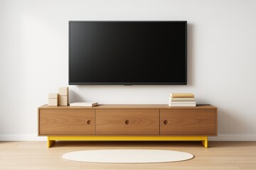 Modern interior room with blank TV screen and wooden cabinet on light wall background with books and boxes for branding or design mockup concept.