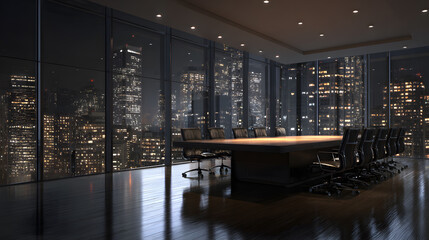 Modern Conference Room with City Skyline View at Night