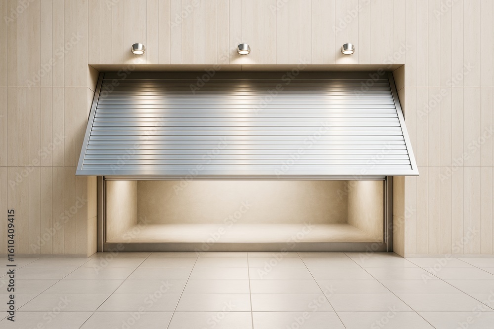 Poster modern interior space with metallic shutter door partially open in clean light room with tile floori