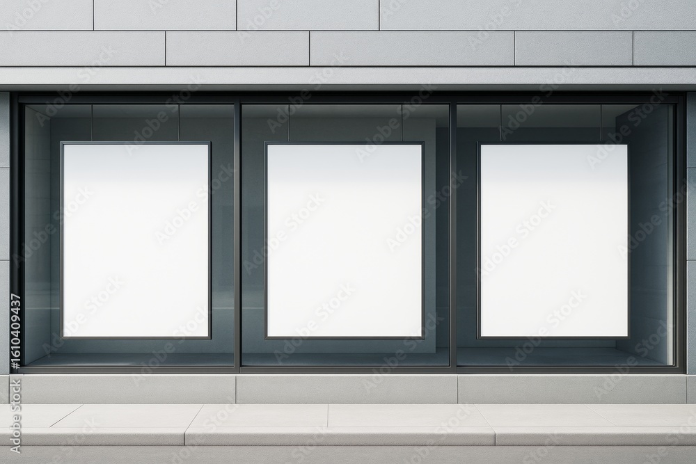 Poster blank posters in modern building window frames with clean architectural background for branding or a
