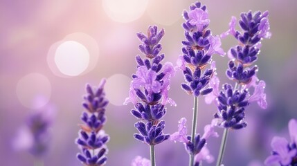 Naklejka premium lavender flowers in soft focus with morning dew, symbolizing aromatherapy and tranquil wellness on blurred background 