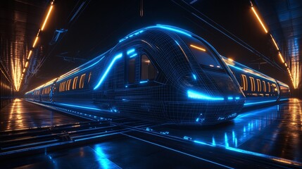 Fototapeta premium Futuristic train in a dark station with neon lighting.
