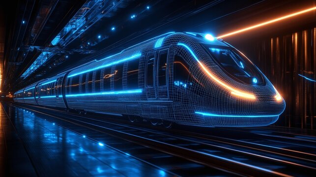 Futuristic train with neon light and wireframe design in a station.