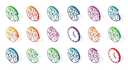 Globe icons with clocks represent time zones and global time