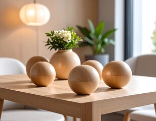 Wooden spheres and vase on light table in a modern room