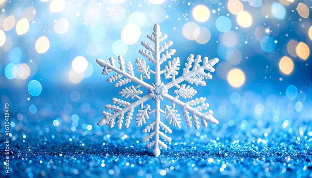Poster detailed snowflake on a sparkling blue surface with soft bokeh light effect background