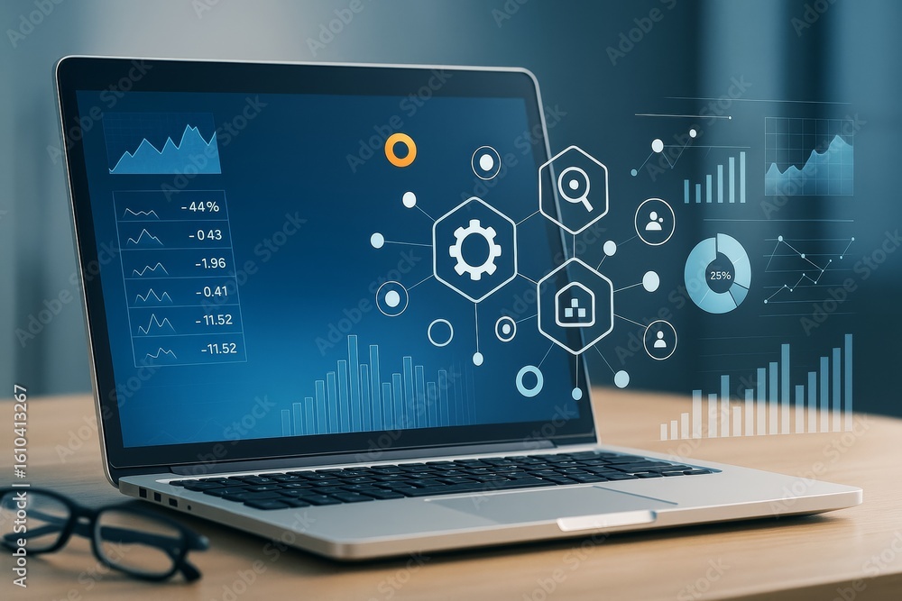 Poster business analytics dashboard on laptop screen with abstract digital interface and light background s