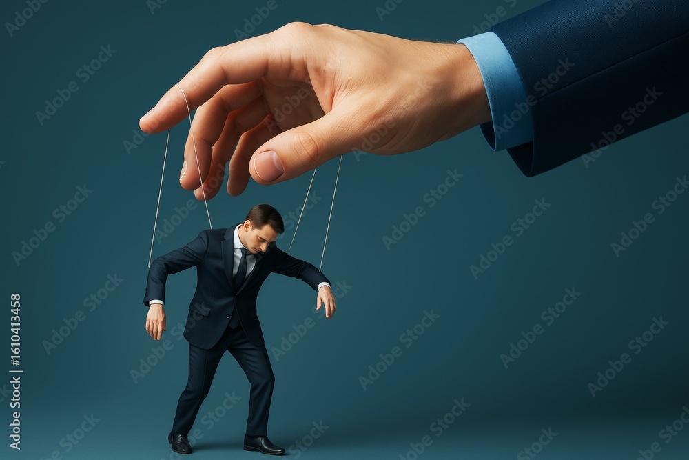 Poster businessman controlled like puppet by giant hand on strings against dark background, symbolizing man