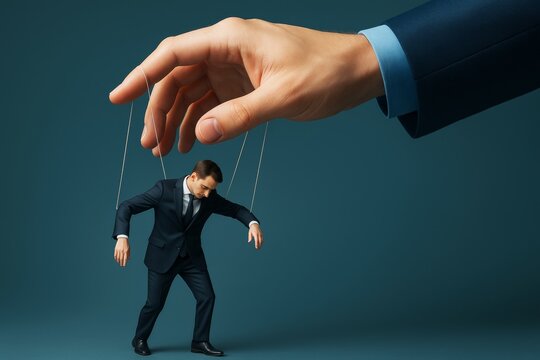 Businessman controlled like puppet by giant hand on strings against dark background, symbolizing manipulation and control concept in business.