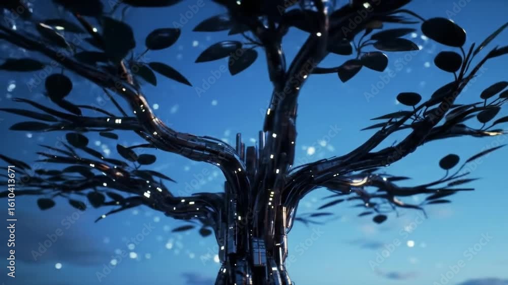 Poster the tree of knowledge as a futuristic technological network, its metallic branches glowing with data